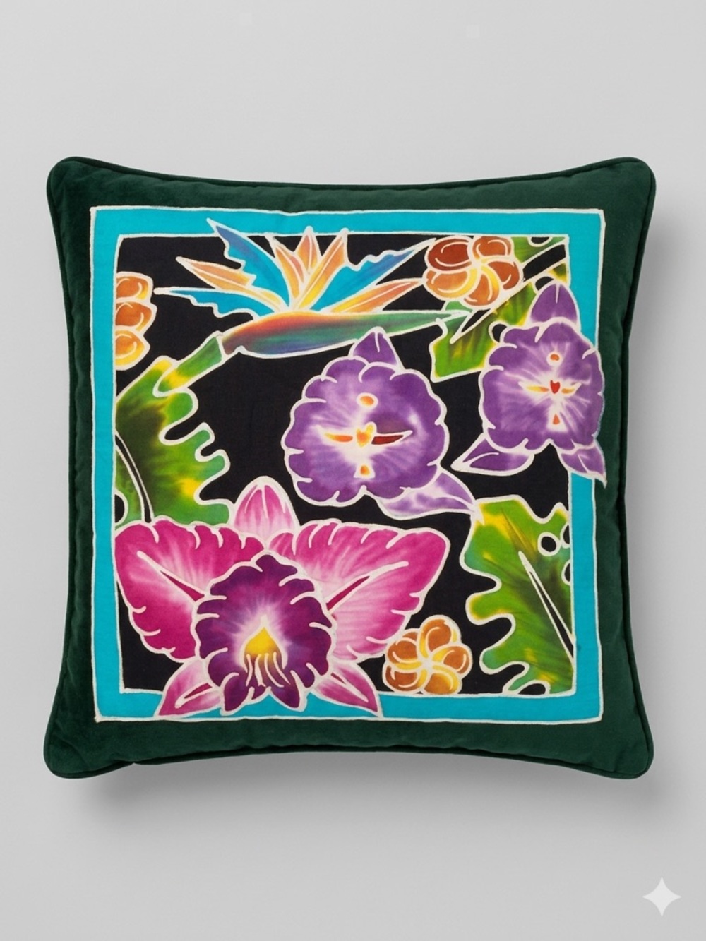 Exotic Hawaiian Style Hand-Painted Batik Accent Pillow | Dark Green